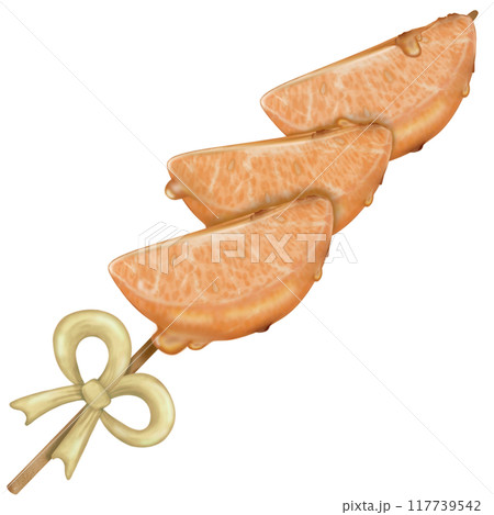 Orange tanghulu candied coating syrup of Chinese snacks fruits,Sweet dessert skewer hand drawn illustrations,Sweet Tang hulu snacks set 117739542