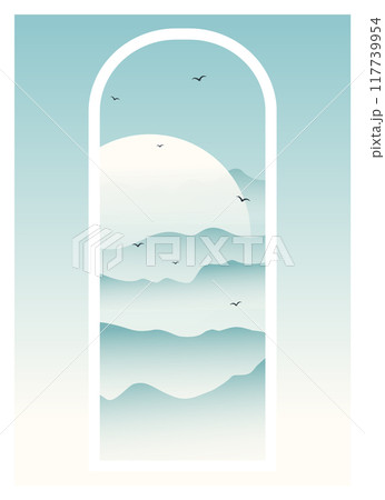 Springtime panorama with flying birds poster. Minimalist aesthetic blue mountains landscape view Springtime panorama with flying birds poster. Minimalist aesthetic blue mountains landscape view 117739954