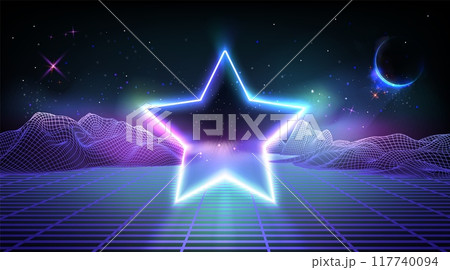 Retro banner with star on wireframe landscape 117740094