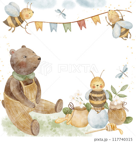 Watercolor bear, bees and honey jars. Illustration in children's style isolated for boys, template for design of invitation cards for birthday, holiday, event Watercolor bear, bees and honey jars. Illustration in children's style isolated for boys, template for design of invitation cards for birthday, holiday, event 117740315