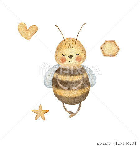 Bee doing yoga, meditating. Watercolor illustration in children's style, hand drawn bee holding paws isolated on white for baby card, poster, sticker in nursery 117740331