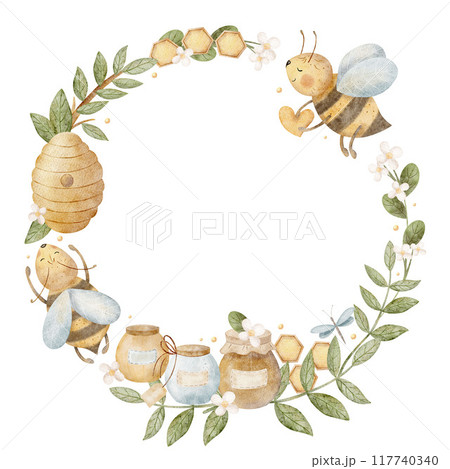 Bees flying in a circle, jars of honey, a beehive hanging on the branches. Watercolor wreath in a children's style. Illustration isolated for invitation cards template, posters for birthday, holiday Bees flying in a circle, jars of honey, a beehive hanging on the branches. Watercolor wreath in a children's style. Illustration isolated for invitation cards template, posters for birthday, holiday 117740340