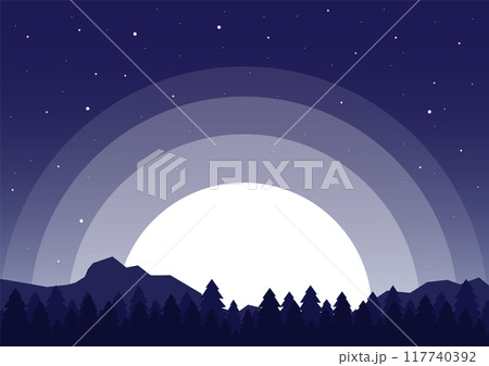 Minimalist aesthetic forest mountains landscape. Aesthetic pine tree forest under moonlight. Minimalist aesthetic forest mountains landscape. Aesthetic pine tree forest under moonlight. 117740392