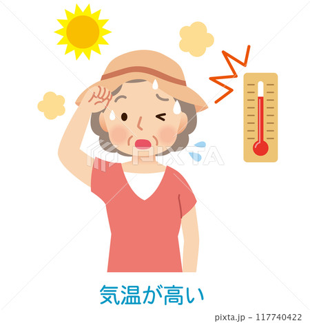 気温が高い屋外で汗をかく高齢者女性　熱中症 117740422