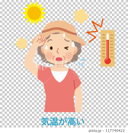 Elderly woman sweating outdoors in high temperatures - heat stroke Elderly woman sweating outdoors in high temperatures - heat stroke 117740422