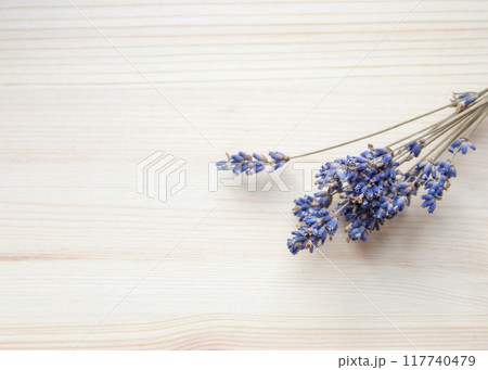 Bright lavander on wooden background with free space Bright lavander on wooden background with free space 117740479
