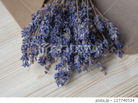 Bright lavander on wooden background with free space 117740534