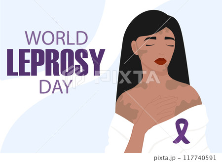 World Leprosy Day, young woman with purple ribbon. Awareness, healthcare and medicine flat illustration. World Leprosy Day, young woman with purple ribbon. Awareness, healthcare and medicine flat illustration. 117740591