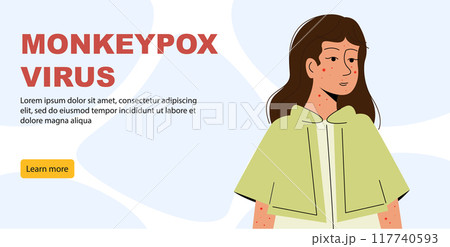 Monkeypox outbreak concept banner. Infected girl from monkey flat illustration. Monkeypox on human skin Monkeypox outbreak concept banner. Infected girl from monkey flat illustration. Monkeypox on human skin 117740593