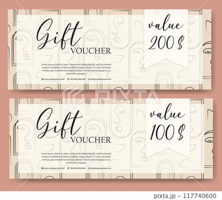 Gift voucher template with feminine design. Set of elegant voucher with fashion line art pattern in neutral colors. Gift voucher template with feminine design. Set of elegant voucher with fashion line art pattern in neutral colors. 117740600
