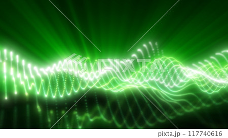 Glowing green light waves flow smoothly across a dark background, creating an energetic and futuristic abstract design with vibrant curves and dotted patterns Glowing green light waves flow smoothly across a dark background, creating an energetic and futuristic abstract design with vibrant curves and dotted patterns 117740616