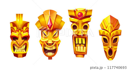 Golden tiki mask with pink gem stones. 117740693