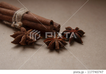 Cinnamon stick with star anis on the craft background Cinnamon stick with star anis on the craft background 117740747