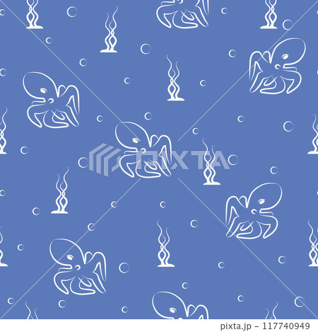 Seamless marine pattern with octopus and seaweed. Pattern background with underwater 2d cartoon characters. 117740949