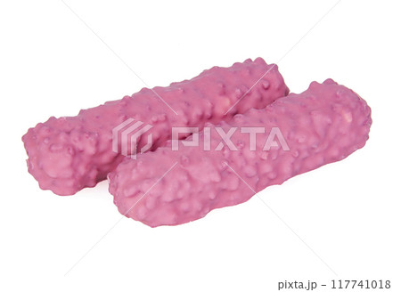 Pink chocolate crispy bar with wildberry taste isolated on the white 117741018