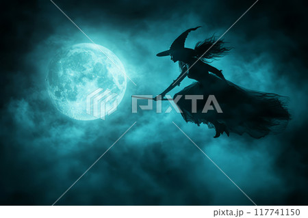 Witch flying on a broomstick in front of a moon...のイラスト素材 [117741150 ...