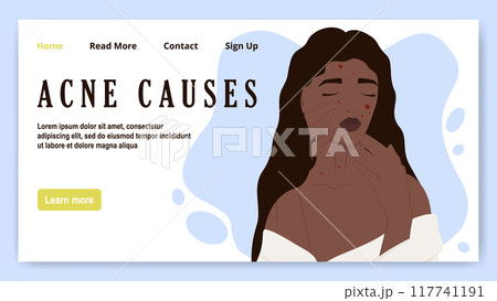 Cartoon character with skin problem concept. Woman with acne, problem skin banner. Cartoon character with skin problem concept. Woman with acne, problem skin banner. 117741191