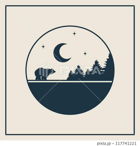 Wildlife animals in nature minimalistic illustration card. Forest landscape and bear round silhouette flat badge. 117741221