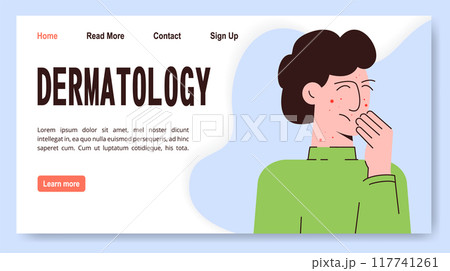 Boy with dermatology problem skin banner. Cartoon scene skin problem isolated on white background. Boy with dermatology problem skin banner. Cartoon scene skin problem isolated on white background. 117741261