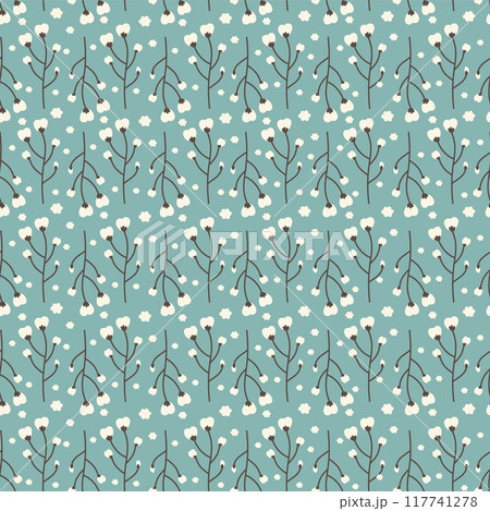 Organic cotton branch with cotton boll seamless pattern on blue. Soft fabric symbols loop ornament tile 117741278