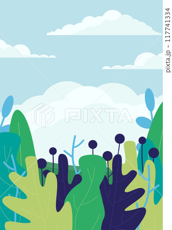 Floral background of bright summer foliage plants. Vertical 2d banner with abstract spring leaves. 117741334