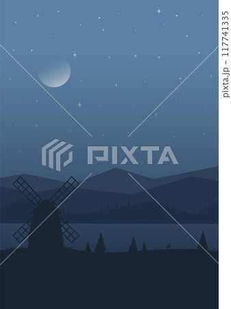 Rural night landscape with windmills in Holland illustration. Vector 2d illustration of beautiful summer fields Rural night landscape with windmills in Holland illustration. Vector 2d illustration of beautiful summer fields 117741335
