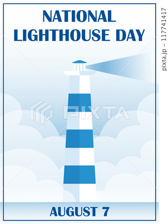 National lighthouse day vector Illustration poster. Landscape of a sea shore with lighthouse among clouds. National lighthouse day vector Illustration poster. Landscape of a sea shore with lighthouse among clouds. 117741417