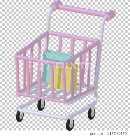 3D Pink shopping cart with 2 shopping bags 117741470