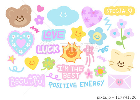 Pastel vector illustration of teddy bear, cat, clover leaf, star, flower, heart, sun for positive energy, happy emoji, Valentine's Day, cartoon character, cute patches, kid doll, plush toy, lucky icon Pastel vector illustration of teddy bear, cat, clover leaf, star, flower, heart, sun for positive energy, happy emoji, Valentine's Day, cartoon character, cute patches, kid doll, plush toy, lucky icon 117741520