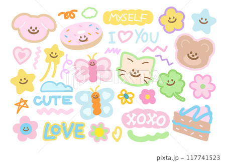 Cute vector illustration of teddy bear, cat, clover leaf, puppy, cat, butterfly, star, flower, heart, cake, donut for animals, cartoon character, cute patches, kid doll, plush toy, sweet dessert, logo Cute vector illustration of teddy bear, cat, clover leaf, puppy, cat, butterfly, star, flower, heart, cake, donut for animals, cartoon character, cute patches, kid doll, plush toy, sweet dessert, logo 117741523