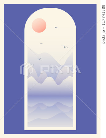 Aesthetic blue mountains morning landscape view. Red sunrise illustration. Springtime 117741589