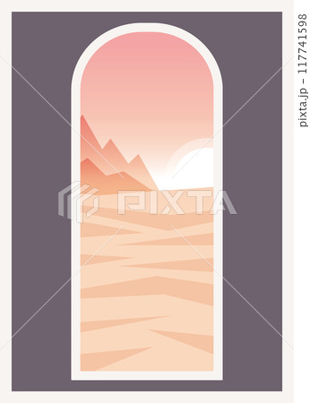 Contemporary aesthetic mountains sunrise view. Summer desert landscape colorful poster. Contemporary aesthetic mountains sunrise view. Summer desert landscape colorful poster. 117741598