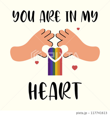 Hand holding heart in rainbow colors illustration. Diverse people supporting LGBTQ community. Pride Month 117741613