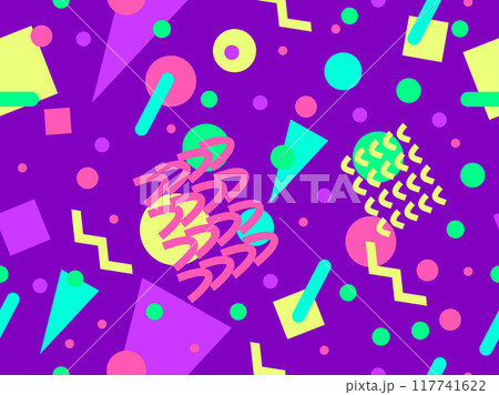 Geometric seamless pattern with memphis elements in 80s style. Colorful geometric pattern. Design of promotional products, wrapping paper and printing. Vector illustration 117741622