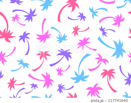 Seamless pattern with colorful palm trees. Summer time, wallpaper with tropical palm trees pattern. Design for printing t-shirts, banners and promotional items. Vector illustration 117741640