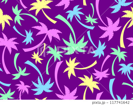 Seamless pattern with colorful palm trees. Summer time, wallpaper with tropical palm trees pattern. Design for printing t-shirts, banners and promotional items. Vector illustration 117741642