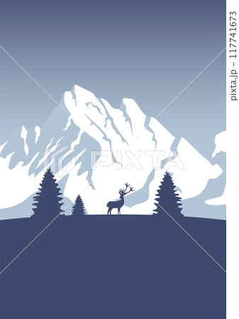 Alps Mountain landscape wildlife illustration. Minimalist Pyrenees view with forest and deer poster. Alps Mountain landscape wildlife illustration. Minimalist Pyrenees view with forest and deer poster. 117741673