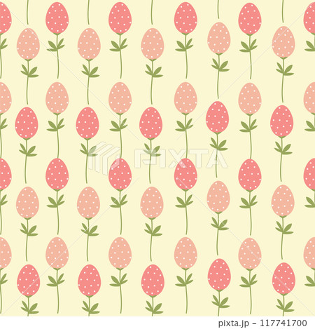Pattern for easter on a beige background. Easter eggs, branches, flowers in pastel gentle colors. 117741700