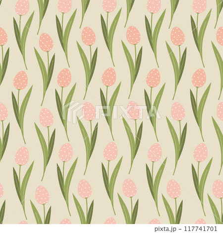 Easter tulips on seamless pattern. Easter eggs, branches, flowers in pastel gentle colors. 117741701