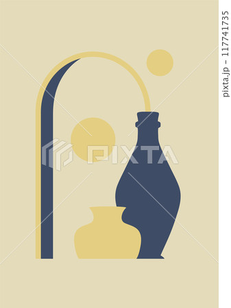 Aesthetic geometric illustration with ceramic vases. Balanced elements, pottery workshop Aesthetic geometric illustration with ceramic vases. Balanced elements, pottery workshop 117741735
