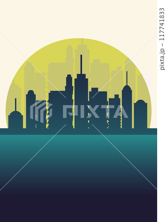 Morning sky and city by the sea silhouette illustration. Modern background with sunrise in town harbor Morning sky and city by the sea silhouette illustration. Modern background with sunrise in town harbor 117741833