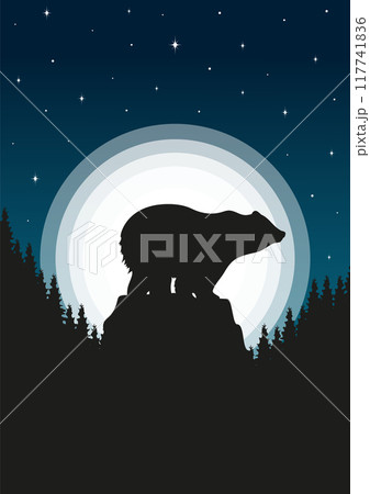 Minimalistic full moon skyscape and bear on cliff silhouette. Wildlife animals in nature Minimalistic full moon skyscape and bear on cliff silhouette. Wildlife animals in nature 117741836