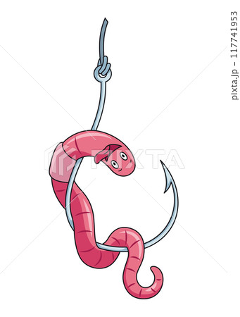 Cute worm character on hook. Fishing leisure icon. Funny symbol on fishing hook in cartoon style. Vector illustration Cute worm character on hook. Fishing leisure icon. Funny symbol on fishing hook in cartoon style. Vector illustration 117741953