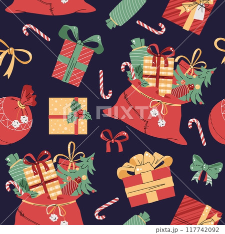 Seamless pattern with Christmas gift boxes and Santa s bag. Vector holiday texture in flat style. Suitable for wallpaper, wrapping paper, fabric, etc. 117742092