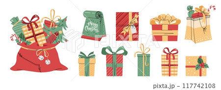 Set of Christmas gifts on an isolated background. Santa s bag of gifts. Vector illustration for stickers and postcards Set of Christmas gifts on an isolated background. Santa s bag of gifts. Vector illustration for stickers and postcards 117742108