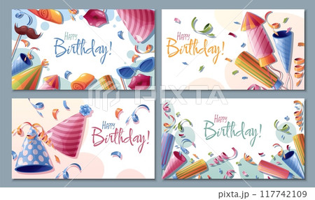 Set of Happy Birthday banners and posters with party cap, photo booth accessories and confetti. Background, banner template for birthday celebration Set of Happy Birthday banners and posters with party cap, photo booth accessories and confetti. Background, banner template for birthday celebration 117742109