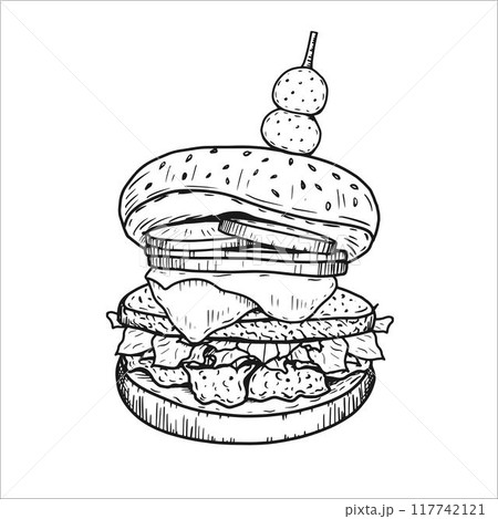 Watercolor Cheeseburger with cheese, onion, tomato, vector illustration 117742121
