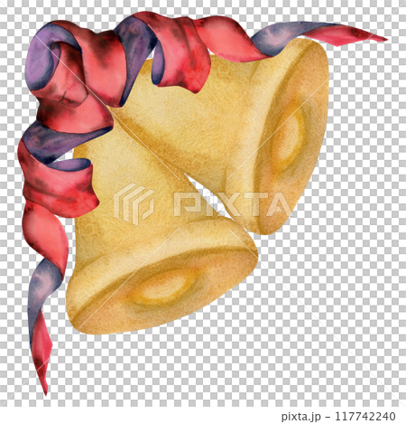 Christmas bell, gold ornament decoration with red ribbon bow. Watercolor hand drawn illustration, composition isolated on white. Xmas, happy new year festive, noel navidad holiday. For cards, gifts. Christmas bell, gold ornament decoration with red ribbon bow. Watercolor hand drawn illustration, composition isolated on white. Xmas, happy new year festive, noel navidad holiday. For cards, gifts. 117742240