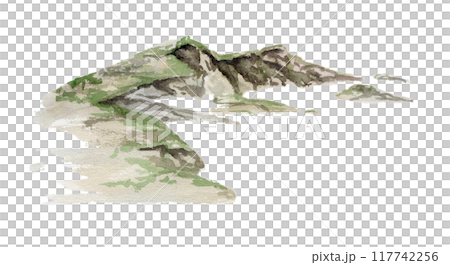 Scenery landscape mountain range peaks crags cliffs alpine vista grass top, watercolor hand drawn illustration. Single isolated element for tourism, resort ads, hiking camping sites vacation, maps. Scenery landscape mountain range peaks crags cliffs alpine vista grass top, watercolor hand drawn illustration. Single isolated element for tourism, resort ads, hiking camping sites vacation, maps. 117742256