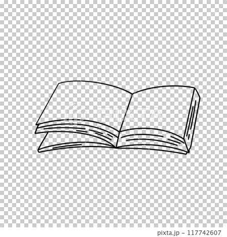 A book is open to a page with a black and white illustration of a book A book is open to a page with a black and white illustration of a book 117742607